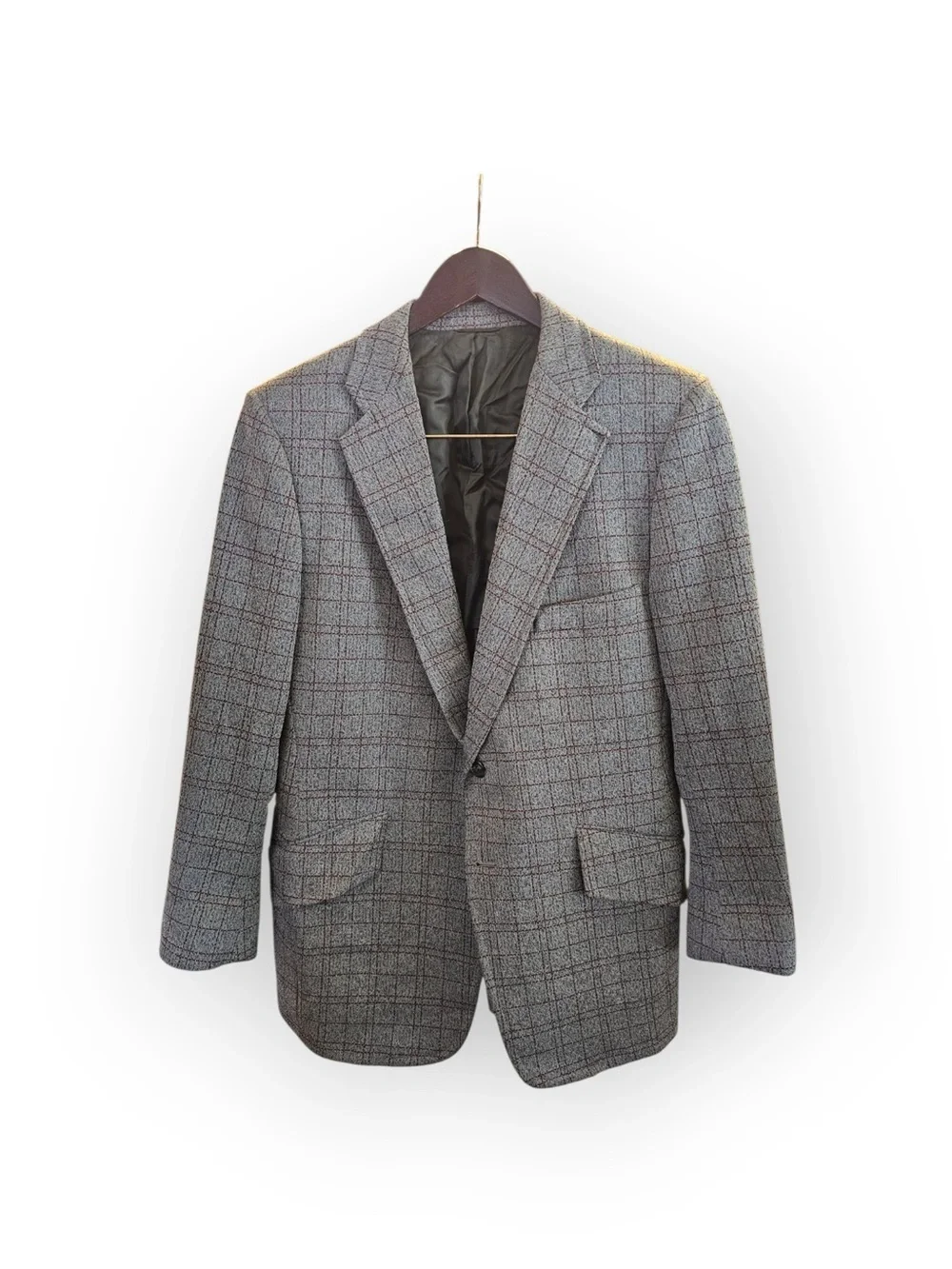 VTG Eagle Clothes Gray Red Plaid Tweed Blazer Sport Coat 38R Morris Alpert Retro